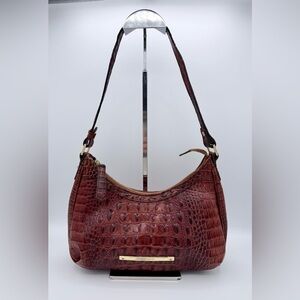 Brahmin Esme Pecan Croc Embossed Leather Hobo Shoulder Bag Gold Hardware